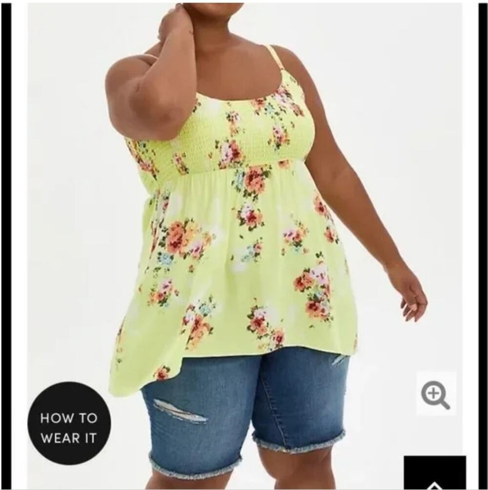 Torrid Babydoll Challis Smocked Cami Spaghetti Strap Tank Yellow Floral 00/10